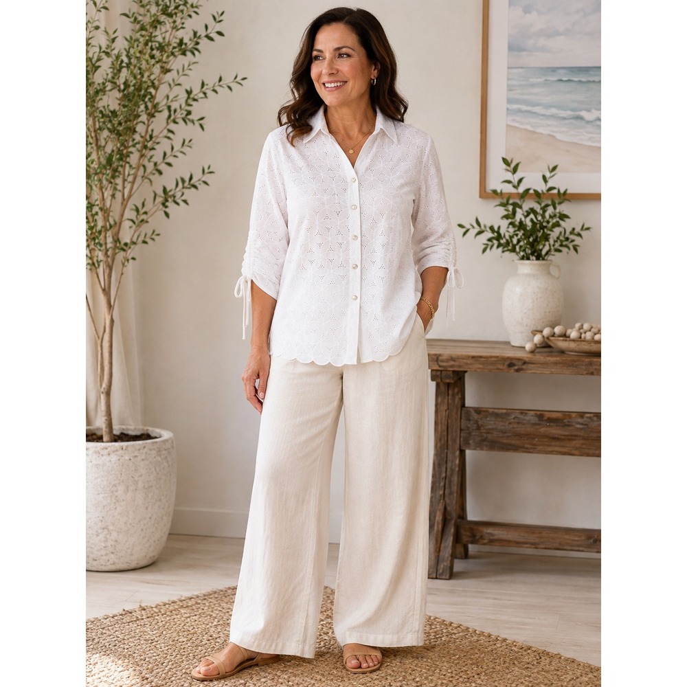 Susan Graver Style White Eyelet 100% Cotton Button Front Shirt Ruched Sleeve XL